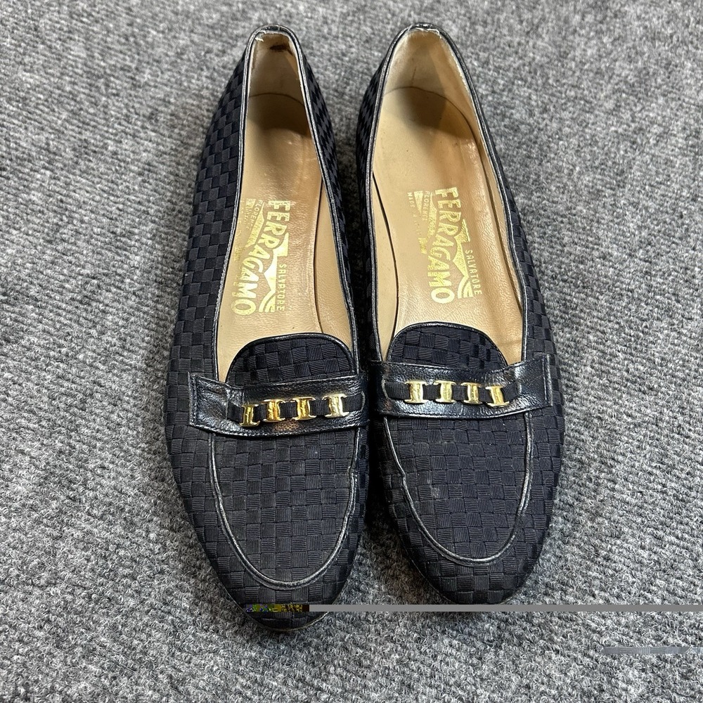 Vtg Salvatore Ferragamo Fabric Loafer Black Checkered Pattern Gold Hardware 8 AA
